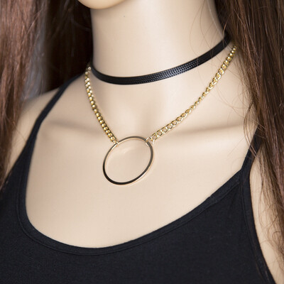 

HHYDE New Fashion Jewelry Black Leather Choker Necklaces For Women Punk Circle Round Hollow Multi-layer Clavicle Necklaces