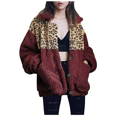 

Toponeto Women Winer Plus Size Jacket Warm Leopard Splice Outwear Plush Pocket Long Coat