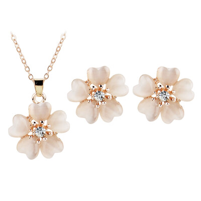 

Simple Opal Inlaid Rhinestone Flower Necklace Earrings 2-Piece Set Female Temperament Fashion Set
