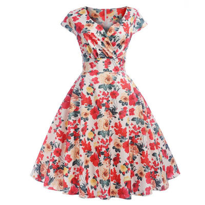 

Vintage Hepburn Style Flower Print Dress Women V-neck Tunic Swing Dresses