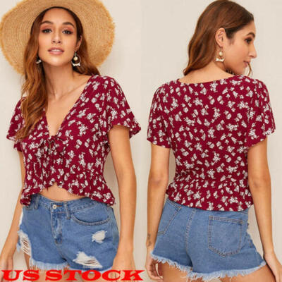 

US Womens V Neck Summer Chiffon Short Sleeve Casual Shirt Tops Blouse T-Shirt