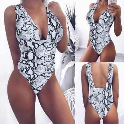 

Roseonmyhand Women High Waist Sexy Bikini Snake Print One-Piece Swimwear Push-Up Padded