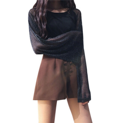 

Patchwork Sequined Long Sleeve T-shirts teenager O-neck Women Tee Shirts Flare Sleeve Casual Sun T-shirt Black White Slim Summer
