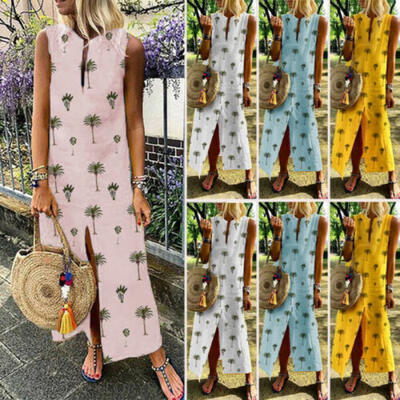 

Women Cotton Linen Maxi Dress Sleeveless Casual Boho Kaftan Tunic Plus Size