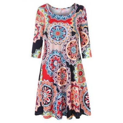 

Fashion Floral Printed Women Casual T-shirt Dress Summer Loose Dress with Pocket