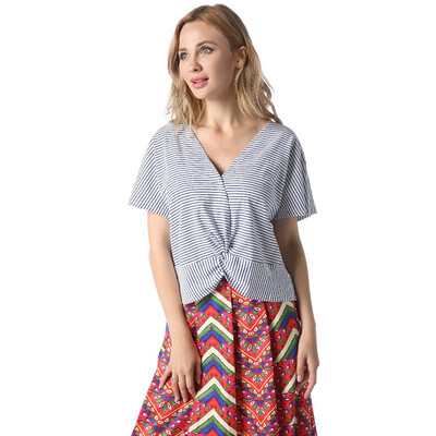 

Striped V-neck Pleated Short Sleeve Tops
