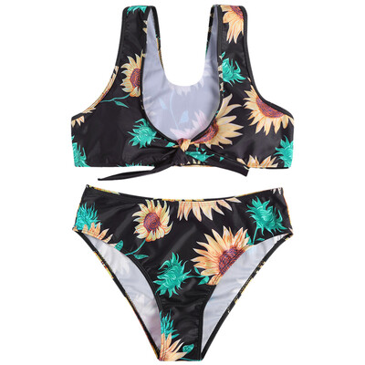 

Plus Size Shoulder Strap Floral Print Padded Tied Racer Back Mid Waist Women Bikini Set