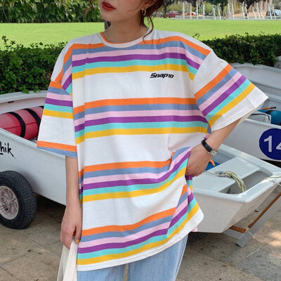 

Harajuku Vintage Ulzzang Girlfriends Stripe Printed t-Shirts Short Sleeve feminina