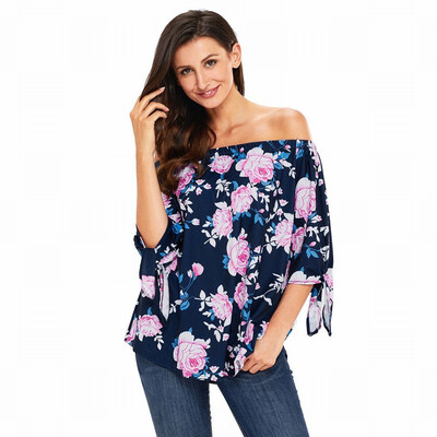 

One-neck long-sleeved stretch vintage printed shoulder-length casual top