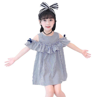 

2pcs Summer Girls Off Shoulder Ruffle Sleeve Stripe Dresses Headband Set
