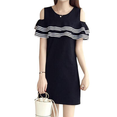 

Women O Neck Dress Ruffle Stripe Strapless Short Sleeve Slim Loose Dresses