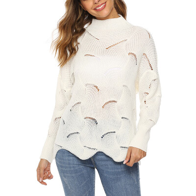 

Women Knit Sweater Female Solid Round Neck Coat High Collar Pullover Sweater