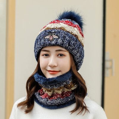 

Womens hat autumn winter wool warm-keeping knit cap small-bee head cap two-piece suit