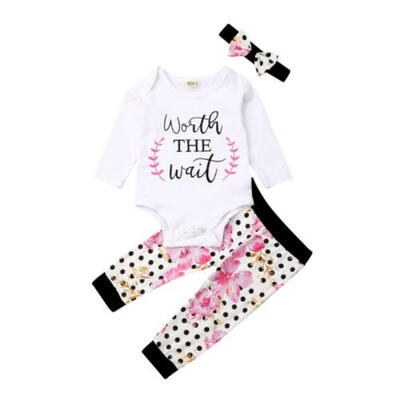 

Toddler Kids Baby Girl Long Sleeve Romper Floral Pants With Headband Jumpsuit Bodysuit Outfit Set