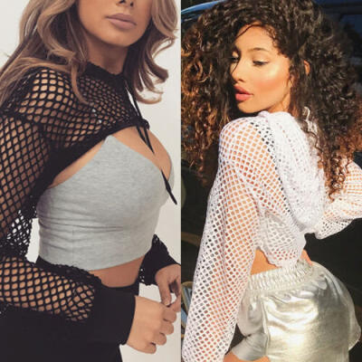 

Womens Fishnet Mesh Sheer Long Sleeve Crop Tops Tee Sweatshirts Bodysuit Shirt