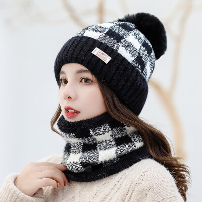 

Hat Female Winter Wool Cap&Fleece Knitted Cap Warm Ear&Neck Sheath Two Suits of Wool Ball Cap Lovely Headgear