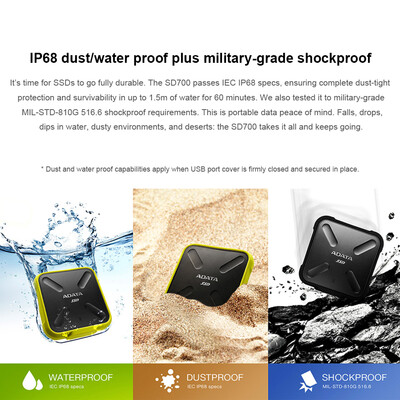 

ADATA SD700 External Solid State Drive Portable SSD 1TB IP68 Waterproof USB31 Fast Speed 3D NAND FlashYellow