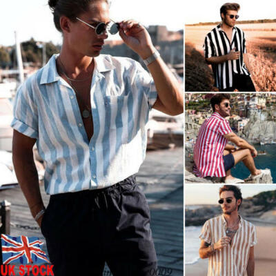 

Fashion Mens Summer Short Sleeve T-Shirts Stripe Button Down Shirt V Neck Tops