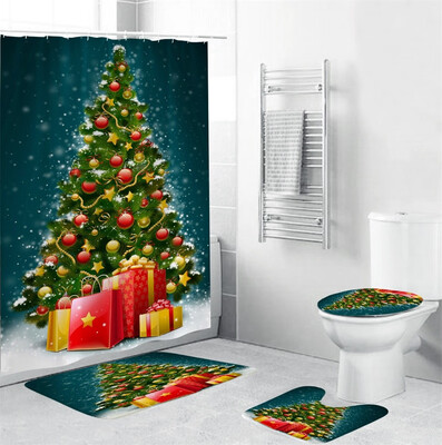 

Gobestart 4Pcs Christmas shower Curtain Bathroom Anti-slip Carpet Rug Toilet Cover Mat Set