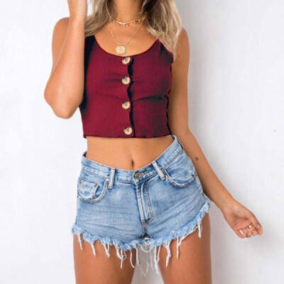 

Sexy Women Slim Crop Top Vest Backless Sleeveless Scoop Neck Button Casual Tank Top Pullover