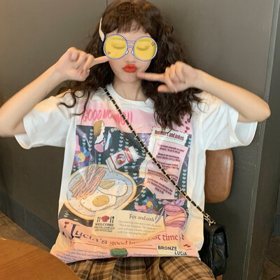 

Tshirt Femme Summer Lovely Loose T-shirt Exquisite Novel Cartoon Print Womens T-shirt Ladies Tops