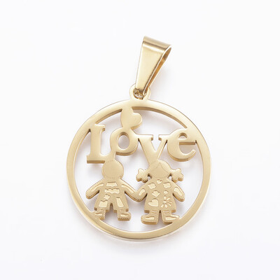 

304 Stainless Steel Pendants Flat Round with Girl&Boy Golden 28x25x2mm Hole 9x5mm