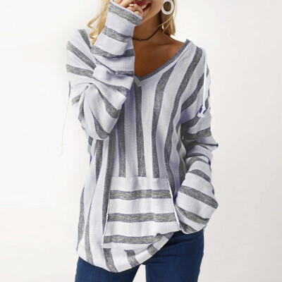 

Tailored Fashion Women Leisure Striped Print Long Hooded Strappy Sleeve V-Neck Tops