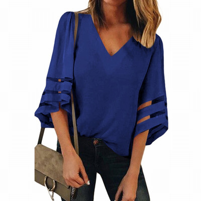 

Solid color V-neck flare seven-point sleeve loose womens white-collar shirt casual top
