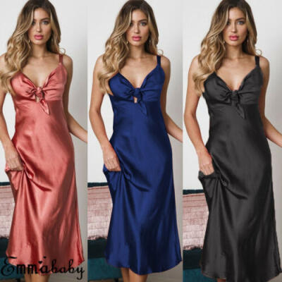 

Womens Soft Satin V-neck Nightdress Silk Lace Lingerie Nightgown Sleepwear USA