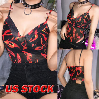 

US Women Summer Mesh Bodysuit Leotard Bodycon Bandage Jumpsuit Romper Flame Tops