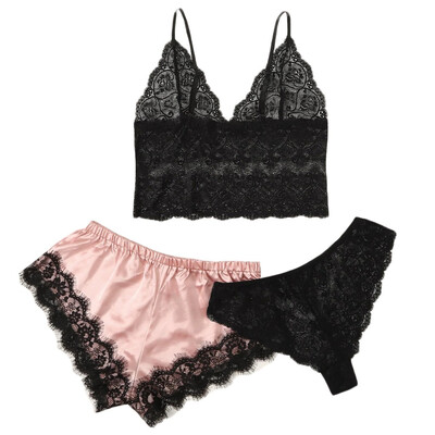 

Toponeto 3pc Women Lace Bra Stain Camisole Pajamas Sleepwear Bowknot Shorts Lingerie Set