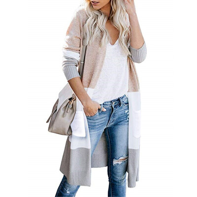

Tailored Women Long Sleeve Color Striped Pocket Casual Knitted Outerwear Cardigan Sweater