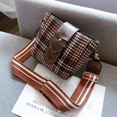 

Tailored Women 2019 New Wool Shoulder Bag Plaid Messenger Bag Fashion Bucket Bag