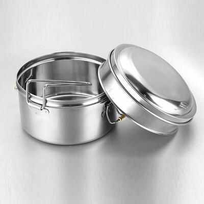 

Stainless Steel Lunch Box W Lid Food Container 2 Tier Round Bento School Picnic