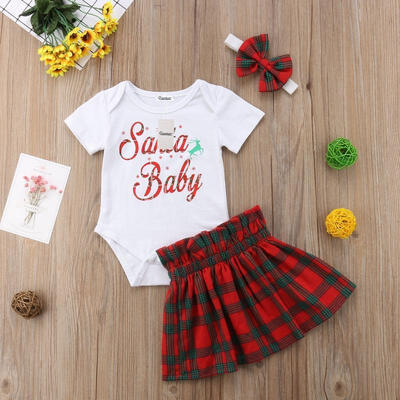 

Christmas Baby Girls Outfits Short Sleeve Romper TopPlaided Skirts 3PCS Clothes