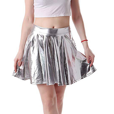 

Womens Shiny WET LOOK PU Leather Skater Flared Pleated Mini Party Dance Skirts