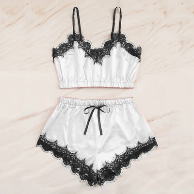 

Gobestart Women Sleepwear Sleeveless Strap Nightwear Lace Trim Satin Cami Top Pajama Sets