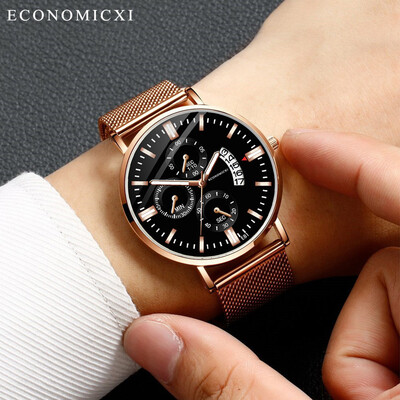 

Gobestart Fashion Simple Stainless Steel With Three Eyes Small Dial Mens Quartz Watch