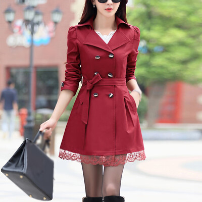 

Women Long Sleeve Double Breasted Jacket Belted Lapel Collar Solid Outwear Coat