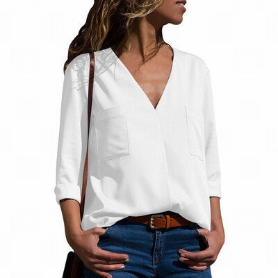 

Solid color V-neck long-sleeved pocket loose tooling white-collarshirt womens