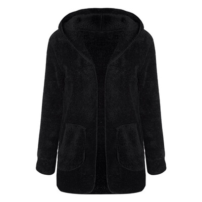 

Hooded Long Sleeve Fleece Pocket Open Front Solid Color Women Coat