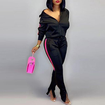 

Women Bomber Jacket Pants Set Zip Up Striped Side Slit Bottom Spring Sporty Casual Coat Trousers 2PCS