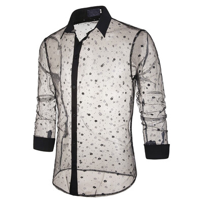 

Tailored Sexy Mens Mesh Button Slim Fit Turn-Down Collar Long Sleeve Top Blouse Shirt