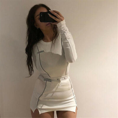 

Women&39s Two Pieces Reflective Striped Long Sleeve Crop Top Sexy Bottom Skirt Outfit Tracksuit New