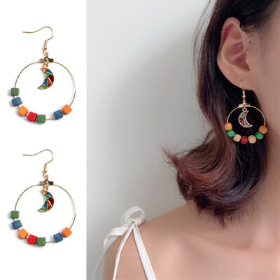 

Women Geometric Wood Circle Moon Drop Dangle Hook Earrings Party Jewelry Gifts