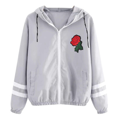 

Toponeto Women Long Sleeve Rose Thin Skinsuits Hooded Zip Floral Pockets Sport Coat