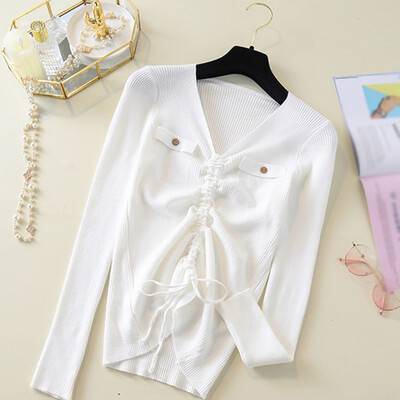 

Sweet Drawstring Women Sweater Summer Autumn New Simple Solid Color Sweater Fashion V-Neck Loose Long Sleeve Sweater Tops