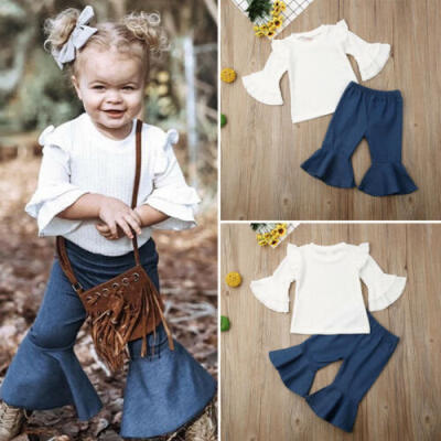 

US Stock Kids Baby Girl Summer Outfits Ruffle Tops Flared Pants Leggings Clothes