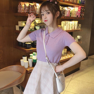 

Candy Color Harajuku Solid T Shirt Kawaii Short Sleeve Tee Tops Ladies Character Button Turn-down Collar T-shirt