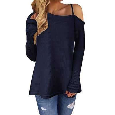 

Autumn Women Long Sleeve T-shirt Cold Shoulder Solid Color Autumn Ladies Knitted Tee Split Tunic Tops tshirt